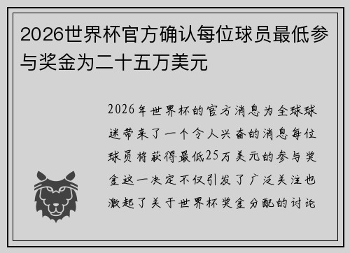 2026世界杯官方确认每位球员最低参与奖金为二十五万美元