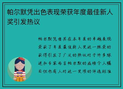 帕尔默凭出色表现荣获年度最佳新人奖引发热议